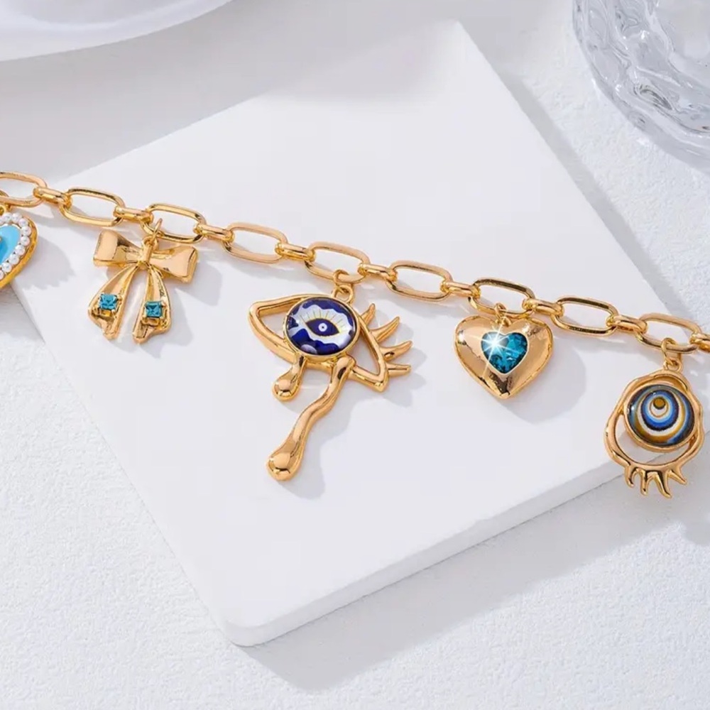 NEW Gold and Blue Charm Necklace with Astrology Pendants Handmade - Picture 2 of 7